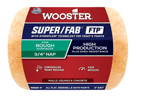 Wooster Super/Fab FTP RR925-4 Roller Cover, 3/4 in Thick Nap, 4 in L, Fabric Cover, Lager