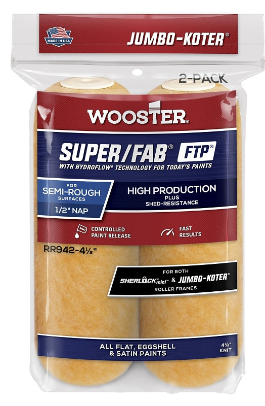 Wooster Super/Fab FTP RR942-4 1/2 Roller Cover, 1/2 in Thick Nap, 4-1/2 in L, Fabric Cover, Lager