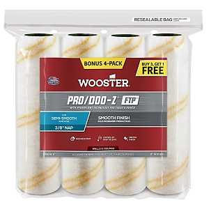 Wooster RR868-9 Roller Cover, White, 3/8 in Thick Nap, 9 in L, Fabric Cover, 4/PK