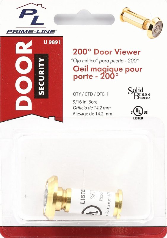 Defender Security U 9891 Door Viewer, 200 deg Viewing, 1-3/8 to 2-1/8 in Thick Door, Glass, Brass