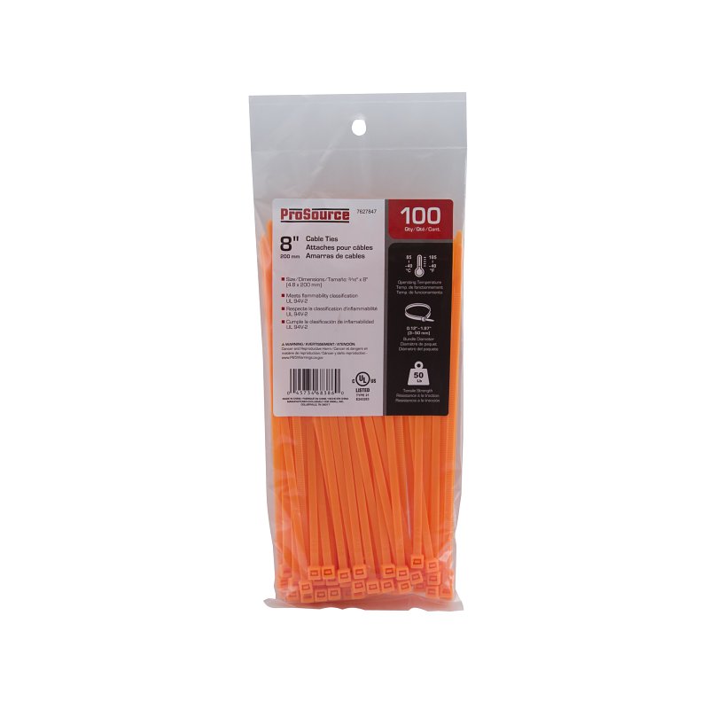 ProSource CT0944 Cable Tie, 8 inches, 50lb Tensile Strength, Self-Locking Locking, Nylon, Orange