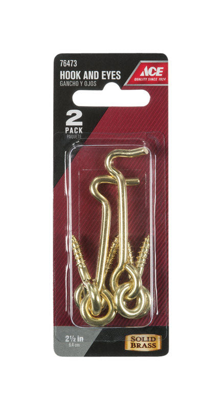 Ace Small Polished Brass Green Brass 2.5 in. L Hook and Eye 2 pk, Pack of 5