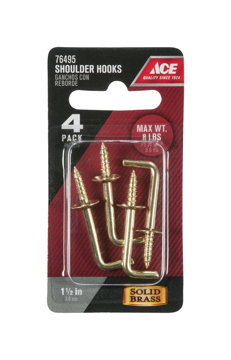 Ace Small Polished Brass Green Brass 1.5 in. L Shoulder Hook 8 lb 4 pk, Pack of 5