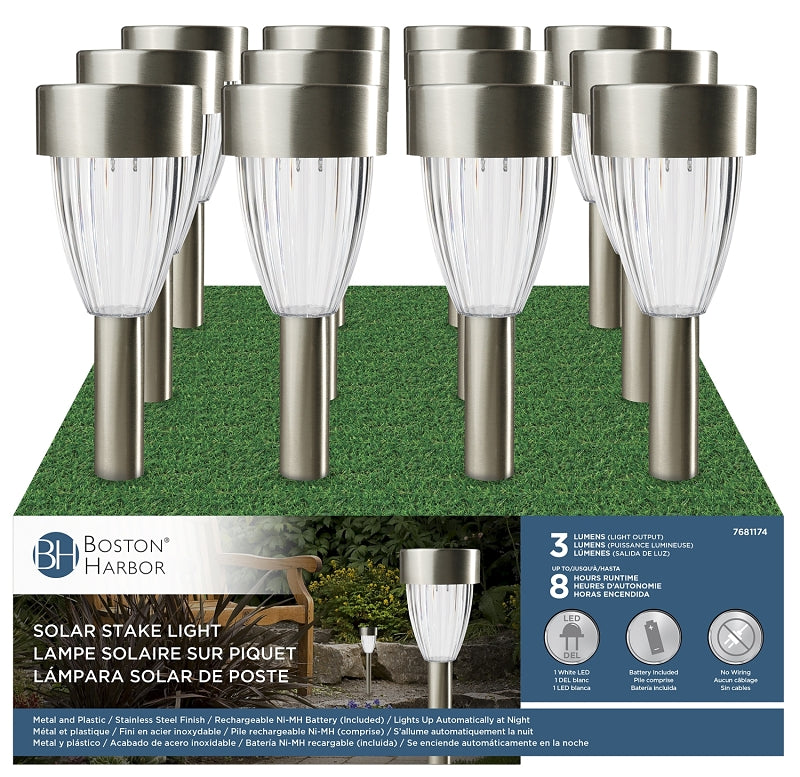 Boston Harbor 27089 Solar Stake Light, Nickel-Metal Hydride Battery, AA Battery, 1-Lamp, LED Lamp, Stainless Steel, Pack of 12