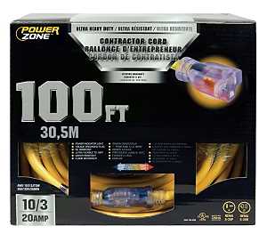 PowerZone ORP711935 Contractor Cord, 10 AWG Cable, 100 L, 20 A, 125 V, Yellow