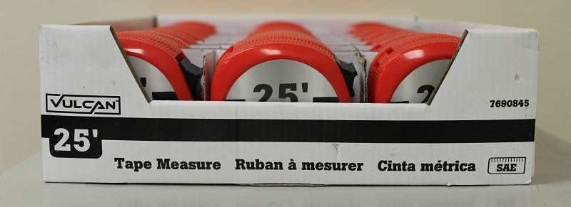 Vulcan 62-7.5X25-R Rule Tape, 25 ft L Blade, 1 in W Blade, Steel Blade, ABS Plastic Case, Red Case, Pack of 24