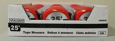 Vulcan 62-7.5X25-R Rule Tape, 25 ft L Blade, 1 in W Blade, Steel Blade, ABS Plastic Case, Red Case, Pack of 24