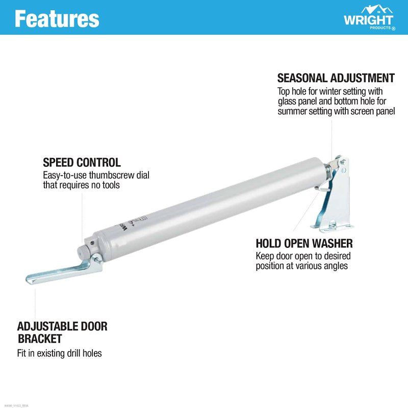 Wright Products V1022 Pneumatic Screen and Storm Door Closer, 10-1/2 in Dia Rod, 12-1/4 in L, Gloss, 90 deg Opening