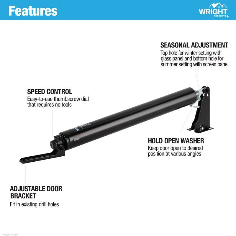 Wright Products V1022BL Pneumatic Screen and Storm Door Closer, 10-1/2 in Dia Rod, 12-1/4 in L, Gloss, 90 deg Opening