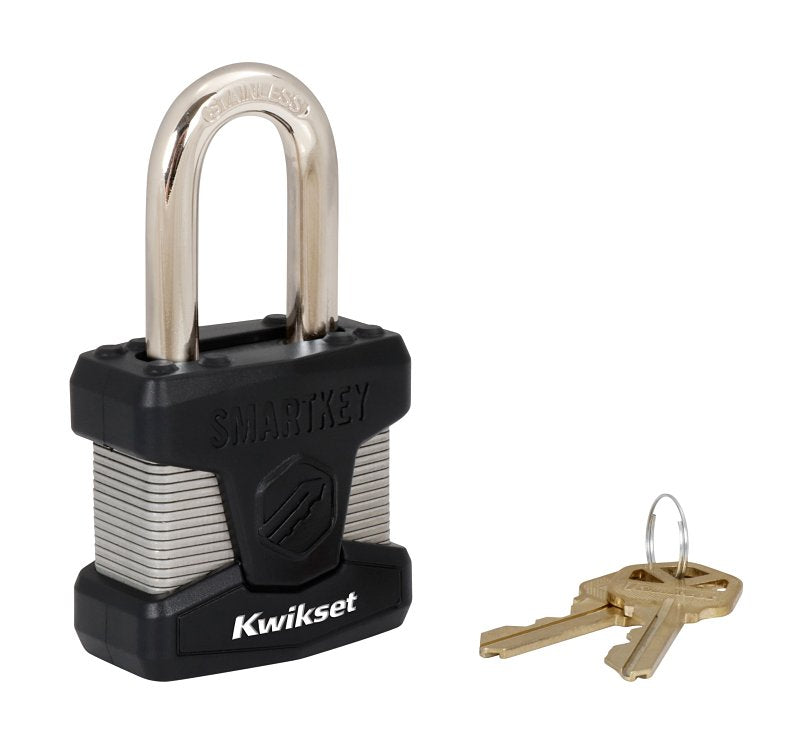 Kwikset 90260-060 Padlock, Keyed Different, Smart Key, 0.35 in Dia Shackle, 1-1/2 in H Shackle, Stainless Steel Body