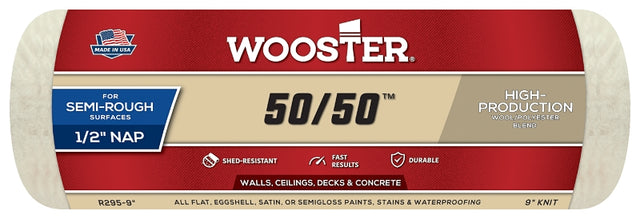 Wooster 50/50 R295-9 Roller Cover, 1/2 in Thick Nap, 9 in L, Lambs Wool/Polyester Cover, Cream
