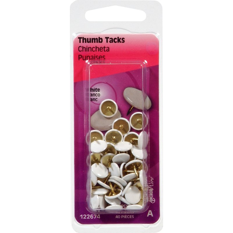 Hillman 122674 Thumb Tack, 15/64 in Shank, Steel, Painted, White, Cap Head, Sharp Point, Pack of 6