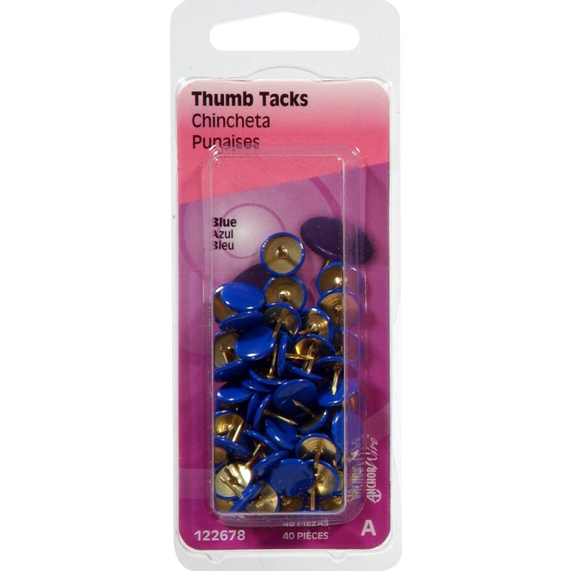 Hillman 122678 Thumb Tack, 15/64 in Shank, Metal, Painted, Blue, Flat Head, Sharp Point, Pack of 6