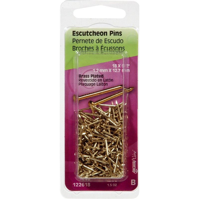 Hillman 122618 Escutcheon Pin, 1/2 in L, Steel, Brass, Pack of 6