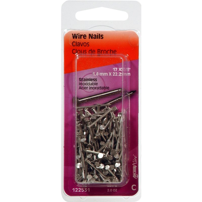 Hillman 122531 Wire Nail, 7/8 in L, Steel, Stainless Steel, Flat Head, Smooth Shank, Silver, 2 oz, Pack of 6