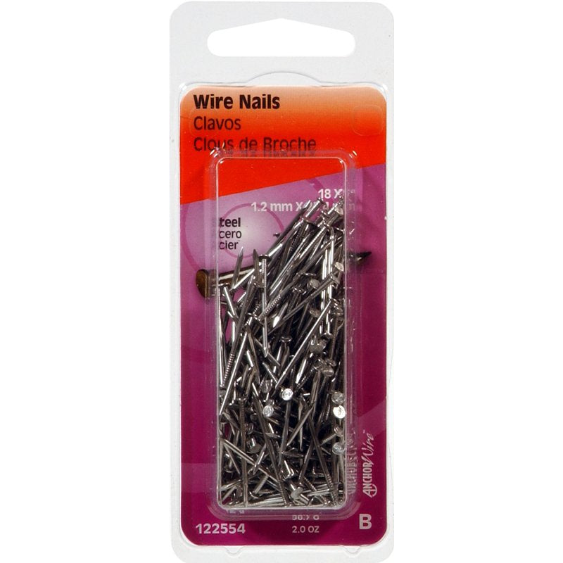 Hillman 122554 Wire Nail, 1 in L, Steel, Bright, Flat Head, Smooth Shank, Silver, 2 oz, 2/oz, Pack of 6