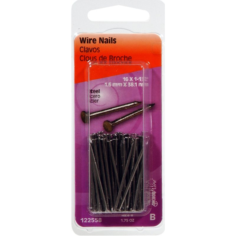 Hillman 122558 Wire Nail, 1-1/2 in L, Steel, Bright, Flat Head, Smooth Shank, 1.75 oz, Pack of 6