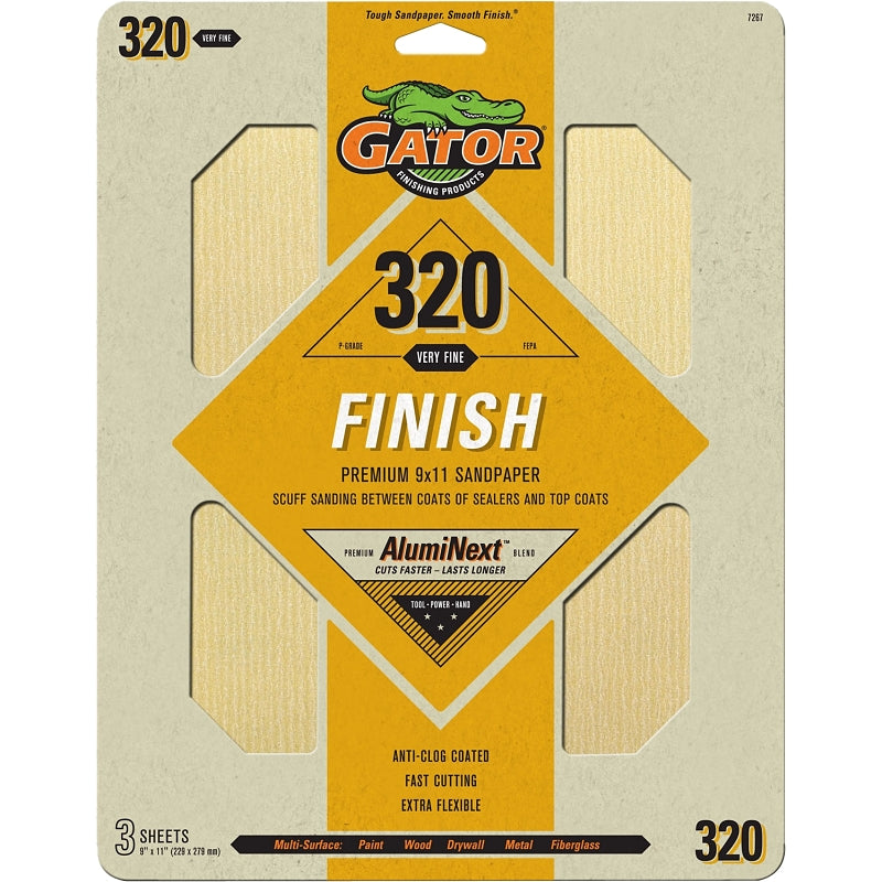 Gator AlumiNext 7267 Sanding Sheet, 11 in L, 9 in W, 320 Grit, Very Fine, Aluminum Oxide Abrasive