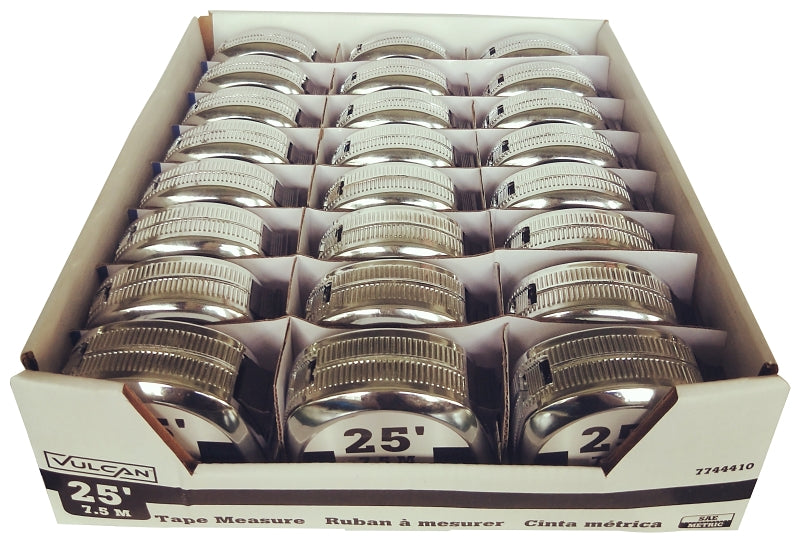 Vulcan 62-7.5X25-C Tape Measure, 25 ft L Blade, 1 in W Blade, Steel Blade, ABS Plastic Case, Silver Case, Pack of 24