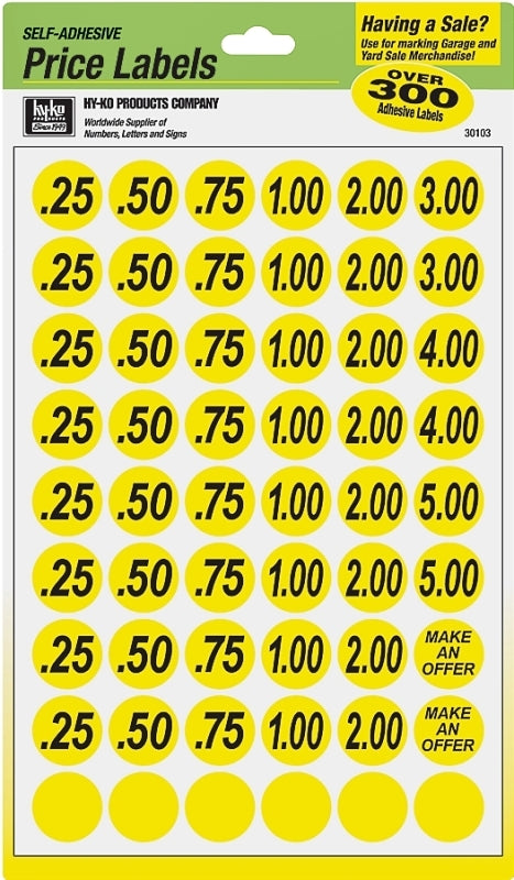 Hy-Ko 30103 Price Label, 0.25, 0.50, 0.75, 1, 2, 3, 4, 5, "Make an Offer", Black Legend, Yellow Background, Pack of 10