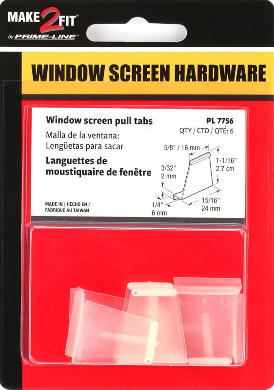 Make-2-Fit PL 7756 Spline Channel Pull Tab, 15/16 in W x 1/4 in D x 1-5/32 in H Dimensions, Plastic, White, Raw, 6/CD
