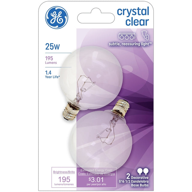 GE 17722 Light Bulb, 25 W, G16.5 Lamp, E12 Candelabra Lamp Base, 220 Lumens, 2500 K Color Temp, Soft White Light, Pack of 6