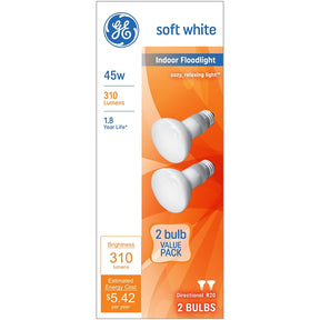 GE 18279 Light Bulb, CC-6 Filament, 2.5 in Dia x 3.31 in L Dimensions, 45 W, R20 Lamp, E26 Medium Lamp Base, 310 Lumens