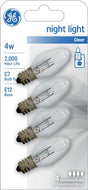GE 20572 Night Light Bulb, 4 W, E12 Candelabra Lamp Base, C7 Lamp, 16 Lumens, 2000 hr Average Life, Pack of 12