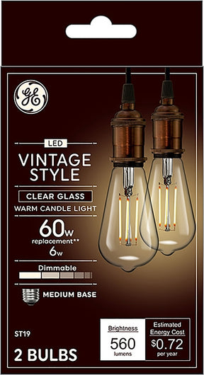 GE Industrial Solutions 36566 LED Bulb, Decorative, ST19 Lamp, E26 Lamp Base, Dimmable, Clear, Warm White Light