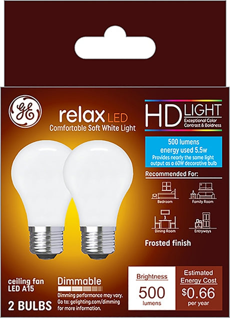 GE Industrial Solutions 36982 LED Bulb, General Purpose, 500 Lumens, 5.5 W, A15 Lamp, E26 Lamp Base, Dimmable, Frosted