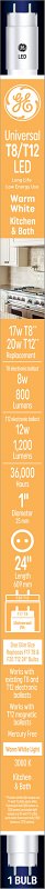 GE 37136 LED Tube Light Bulb, Specialty, T8 Lamp, Bi-Pin Lamp Base, Clear, Warm White Light, 3000 K Color Temp, Pack of 6