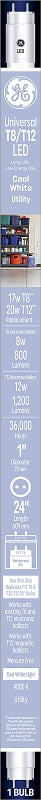 GE 37151 Linear Bulb, T8 Lamp, 20 W Equivalent, Bi-Pin Lamp Base, Frosted, Cool White Light, 4000 K Color Temp, Pack of 6