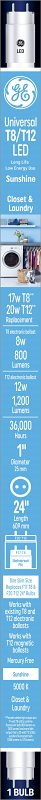 GE 37156 LED Tube Light Bulb, Specialty, T8 Lamp, Bi-Pin Lamp Base, Clear, Daylight Light, 5000 K Color Temp, Pack of 6
