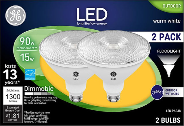 GE 38452 Floodlight Bulb, PAR38 Lamp, 90 W Equivalent, Medium Lamp Base, Dimmable, Bright White Light, 3000 K Color Temp