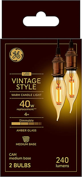 GE Industrial Solutions 42152 LED Bulb, Decorative, CAM Lamp, 40 W Equivalent, E26 Lamp Base, Dimmable, Amber