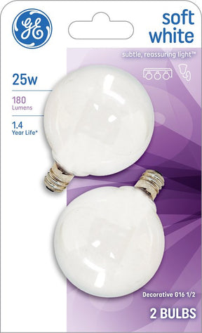 GE 44412 Light Bulb, 25 W, G16.5 Lamp, E12 Candelabra Lamp Base, 180 Lumens, 2500 K Color Temp, Soft White Light, Pack of 6