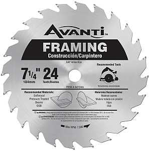 Avanti A0724A Circular Saw Blade, 7-1/4 in Dia, 24-Teeth, 5/8 in Arbor, Carbide Cutting Edge