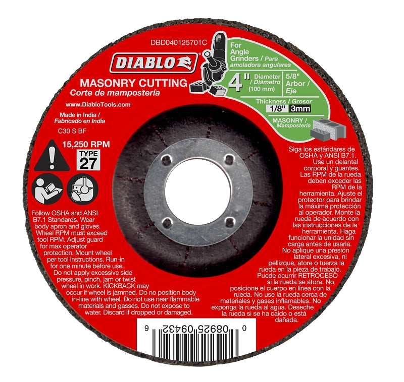 Diablo DBD040125701C Cut-Off Wheel, 4 in Dia, 1/8 in Thick, Aluminum Oxide Abrasive, 5/8 in Arbor