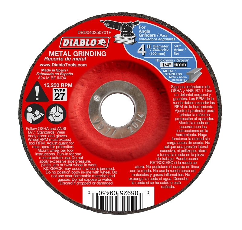 Diablo DBD040250701F Grinding Wheel, Applicable Materials: Cast Iron, Sheet Metal, Stainless Steel, 4 in Dia