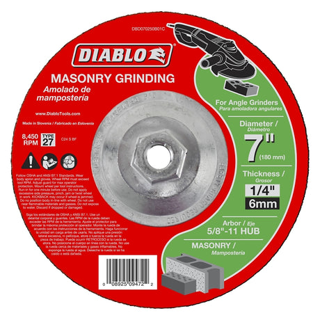 Diablo DBD070250B01C Grinding Wheel, 7 in Dia, 1/4 in Thick, 5/8 in Arbor, Aluminum Oxide Abrasive