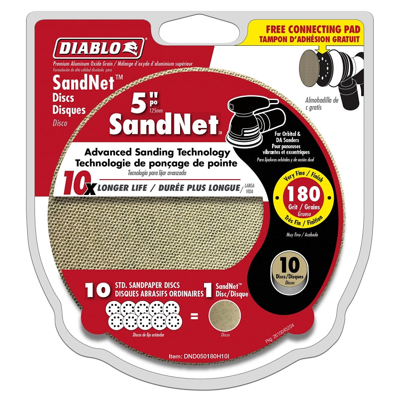 Diablo DND050180H10I Sanding Disc, 5 in Dia, 180 Grit, Very Fine, Aluminum Oxide Abrasive, Universal, 10/PK