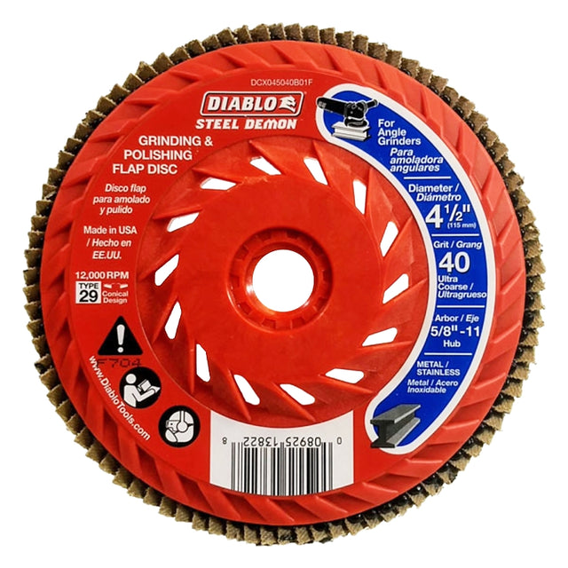 Diablo Steel Demon DCX045040B01F Flap Disc, 4-1/2 in Dia, 5/8-11 Arbor, 40 Grit, Ultra Coarse, Zirconium Abrasive