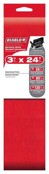 Diablo DCB324ASTS03G Sanding Belt Pack, 3 in W, 24 in L, 50, 80, 120 Grit, Coarse, Fine, Medium
