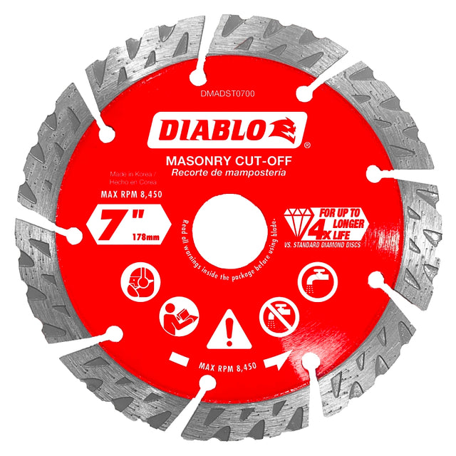 Diablo DMADST0700 Series Saw Blade, Turbo Cut-Off Disc Blade, 7 in Dia, Segmented Rim, 1/PK