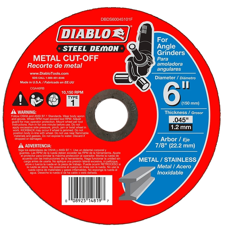 Diablo Steel Demon DBDS60045101F Type-1 Cut-Off Disc, 6 in Dia, 0.045 in Thick, 7/8 in Arbor, Ceramic Abrasive