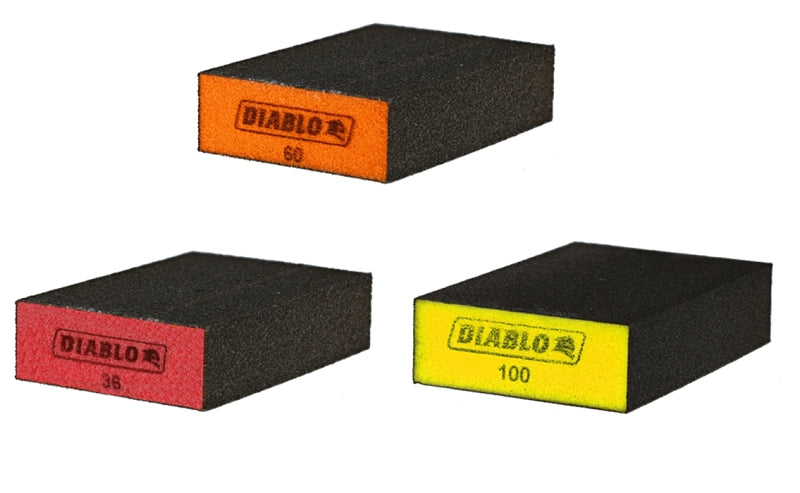 Diablo DFBBLOCAST03G Flat Edge Sanding Block, 4 in L, 2-1/2 in W, 36, 60, 100 Grit, Fine, Medium, Ultra Coarse