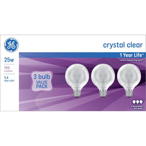 GE 48063 Light Bulb, Clear Lamp, 25 W, G25 Lamp, E26 Medium Lamp Base, 190 Lumens, 2500 K Color Temp, Soft White, Pack of 4