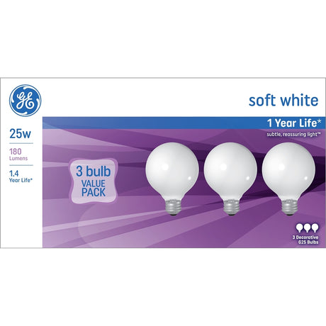 GE 48064 Light Bulb, 9.75 in L x 3.13 in W x 4.75 in H Dimensions, 25 W, G25 Lamp, E26 Medium Lamp Base, 180 Lumens, Pack of 4