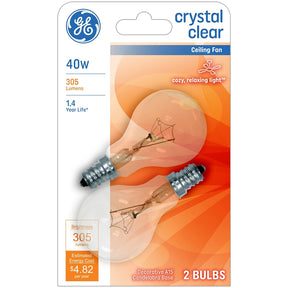 GE 71393 Ceiling Fan Bulb, 40 W, A15 Lamp, E12 Candelabra Lamp Base, 305 Lumens, 2500 K Color Temp