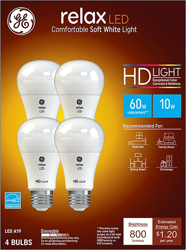 GE 96687 LED Bulb, General Purpose, 800 Lumens, 10 W, A19 Lamp, 60 W Equivalent, E26 Lamp Base, Dimmable, Soft White